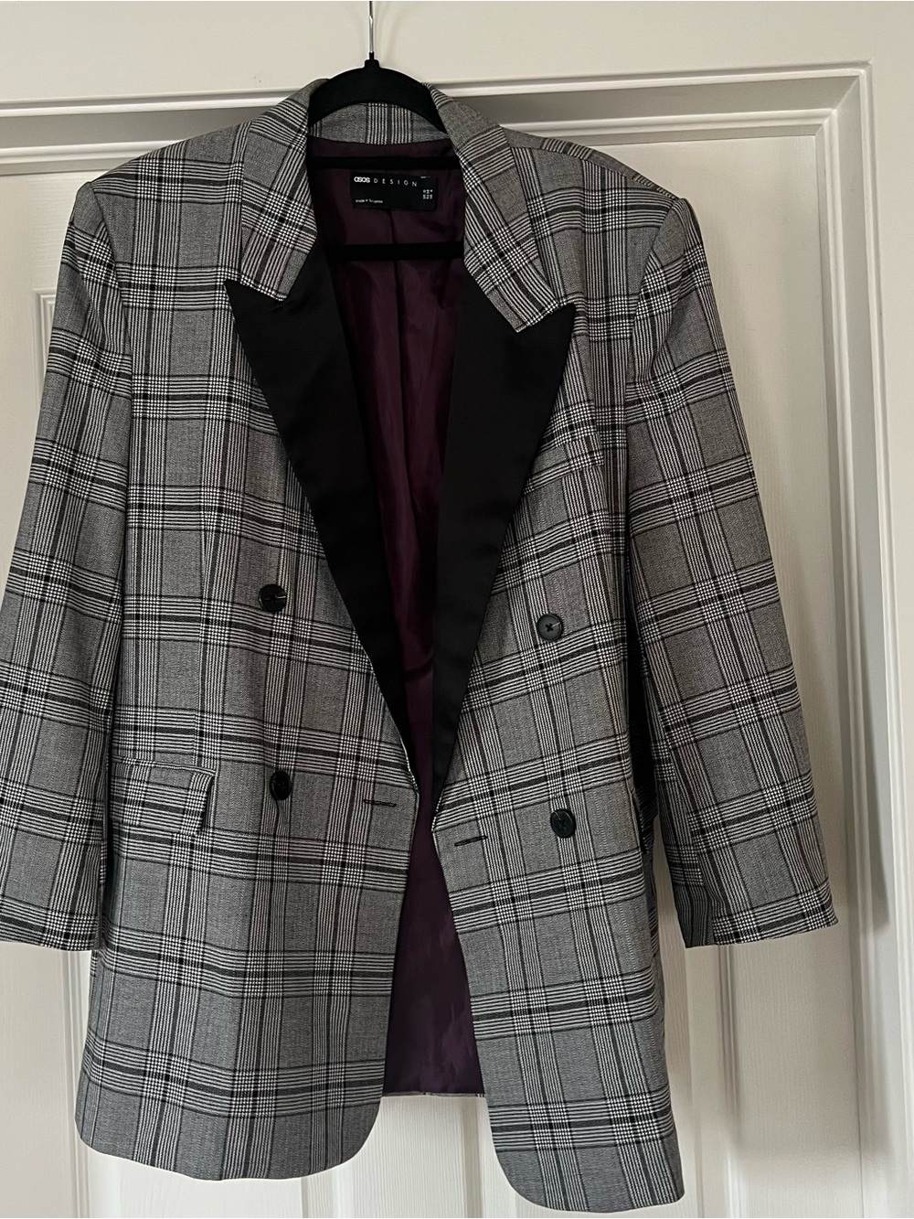 ASOS Gray Checked Blazer with Black Peak Lapel, Oversized